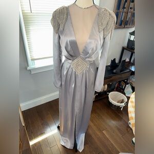 Vintage Rose Taft Silver Satin Long Sleeve Evening Dress with Beaded Accents